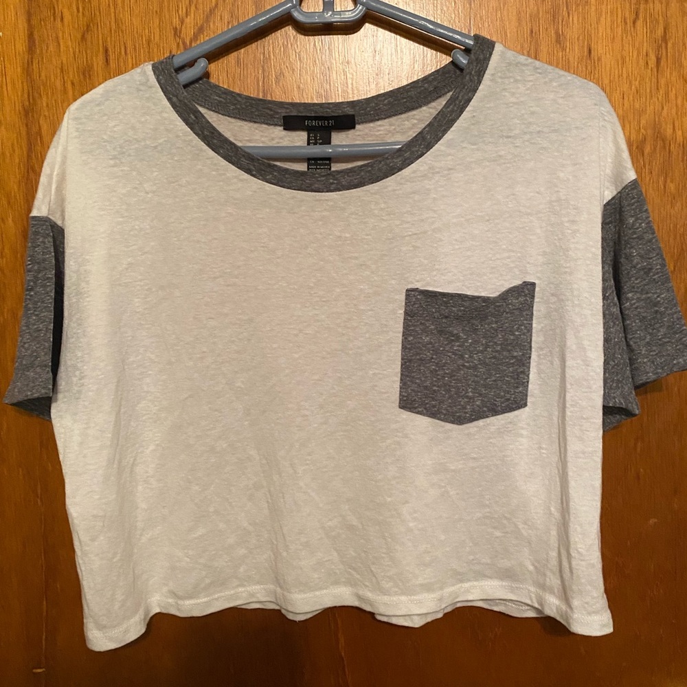 Forever 21 Semi-Sheer White & Grey Cropped Tee